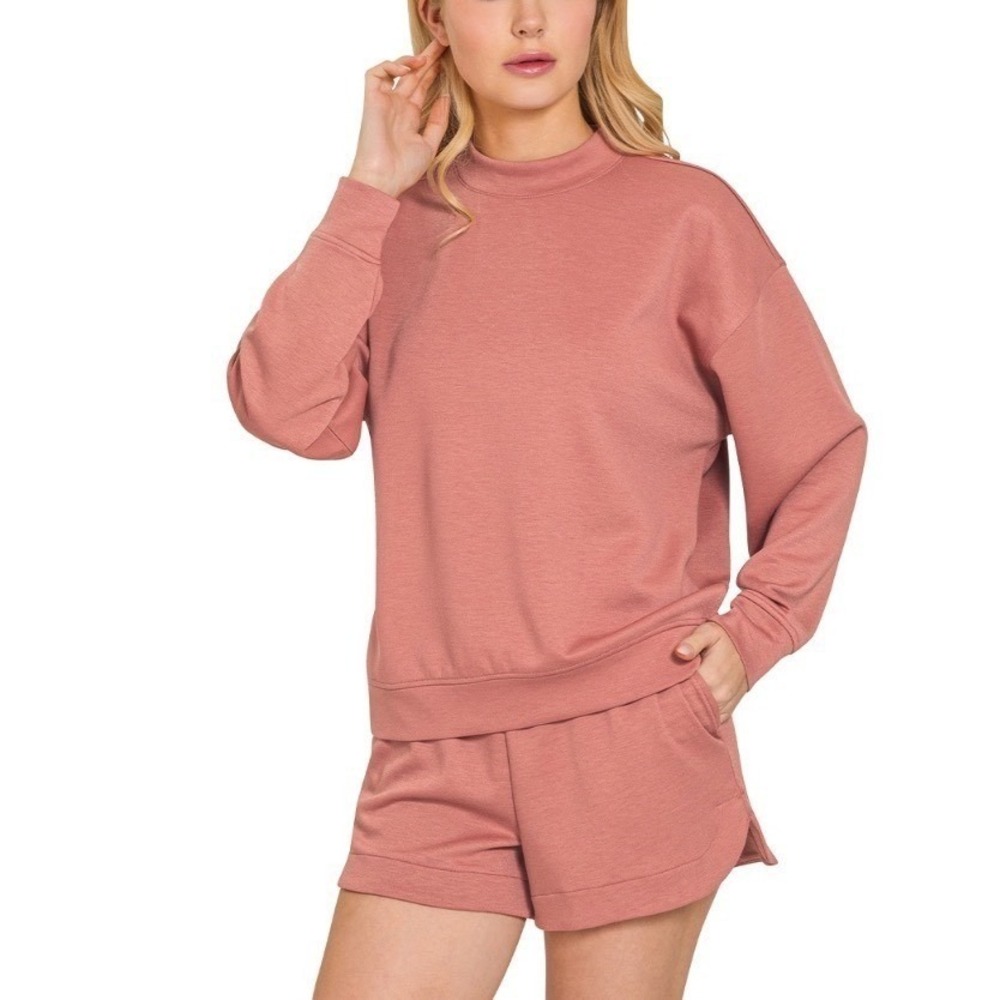 New Zenana Rose Pink Large Scuba Pullover Long Slv Lounge Short Set ROTP-4127Y